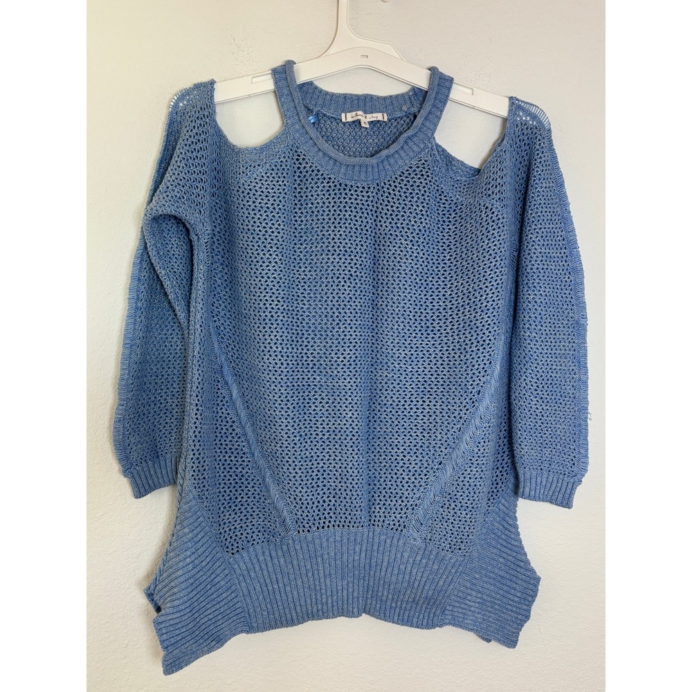 Willow & Clay Light Blue Cold Shoulder Open Knit Crochet Sweater Small